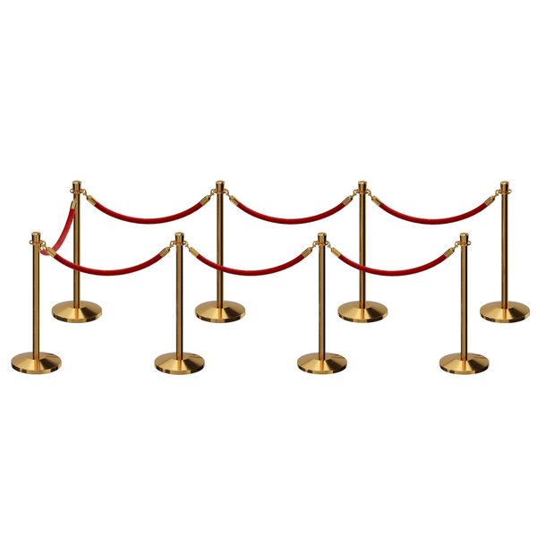 Montour Line Stanchion Post and Rope Kit Pol.Brass, 8 Crown Top 7 Red Rope C-Kit-8-PB-CN-7-PVR-RD-PB